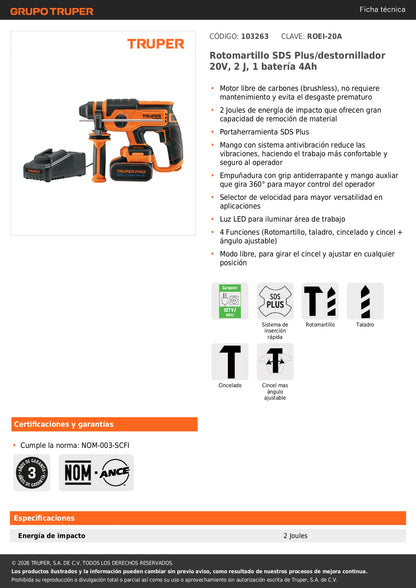 Rotomartillo SDS Plus/destornillador 20V, 2 J, 1 batería 4Ah