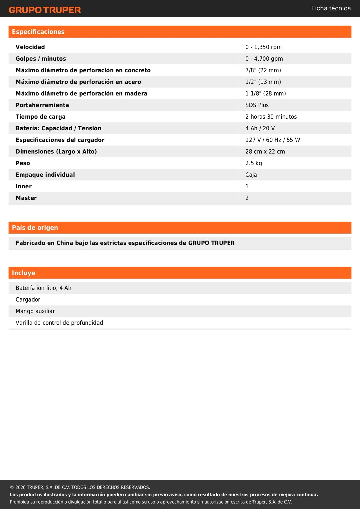 Rotomartillo SDS Plus/destornillador 20V, 2 J, 1 batería 4Ah