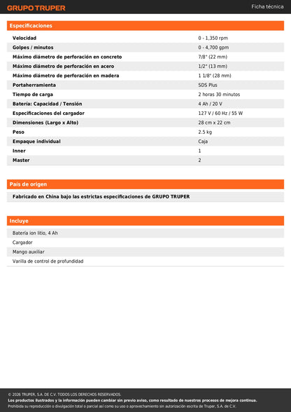 Rotomartillo SDS Plus/destornillador 20V, 2 J, 1 batería 4Ah