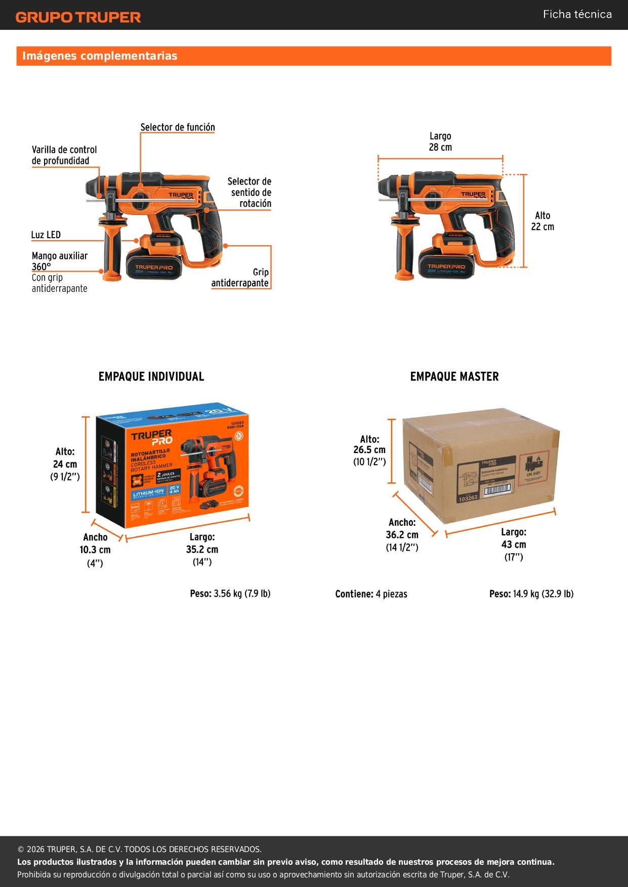 Rotomartillo SDS Plus/destornillador 20V, 2 J, 1 batería 4Ah