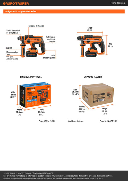 Rotomartillo SDS Plus/destornillador 20V, 2 J, 1 batería 4Ah