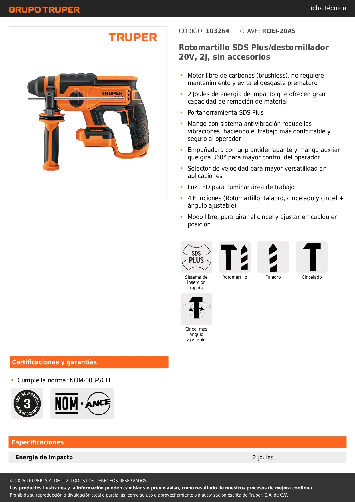 Rotomartillo SDS Plus/destornillador 20V, 2J, sin accesorios