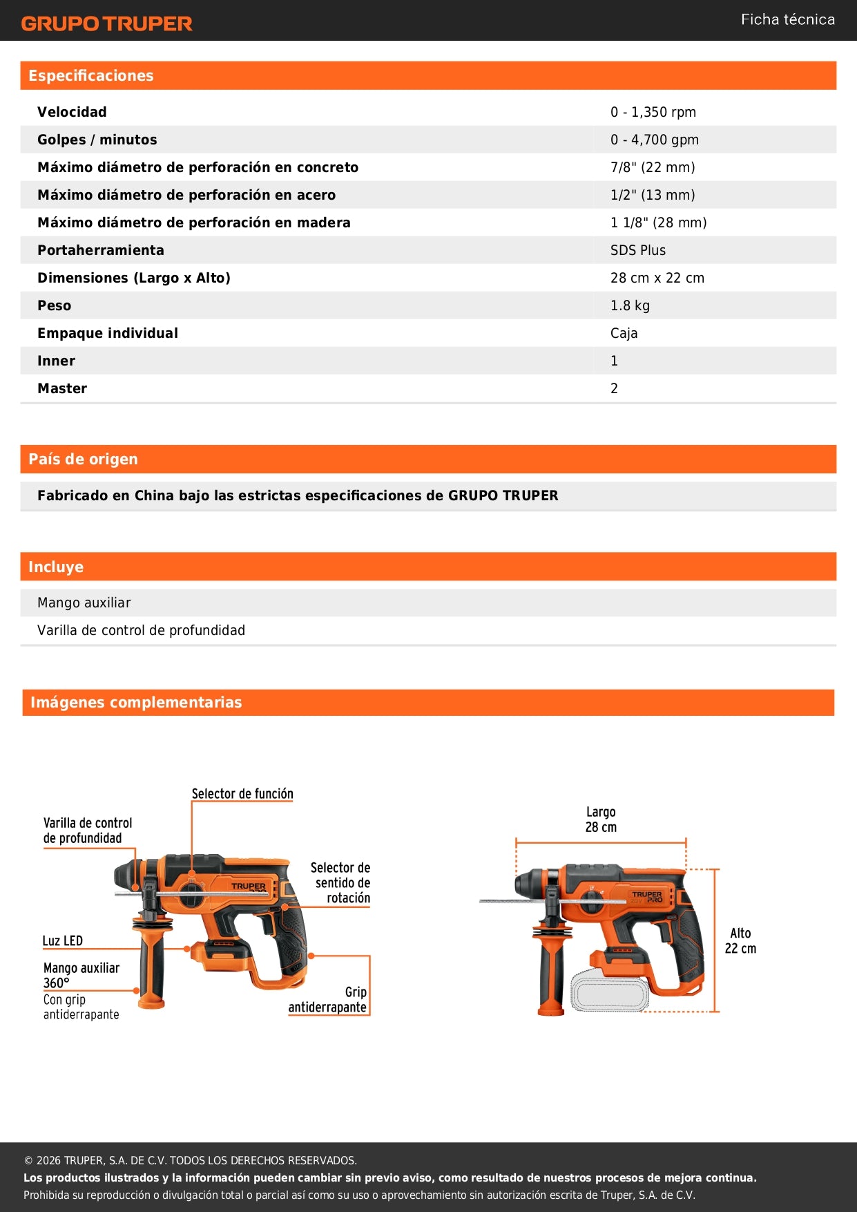 Rotomartillo SDS Plus/destornillador 20V, 2J, sin accesorios