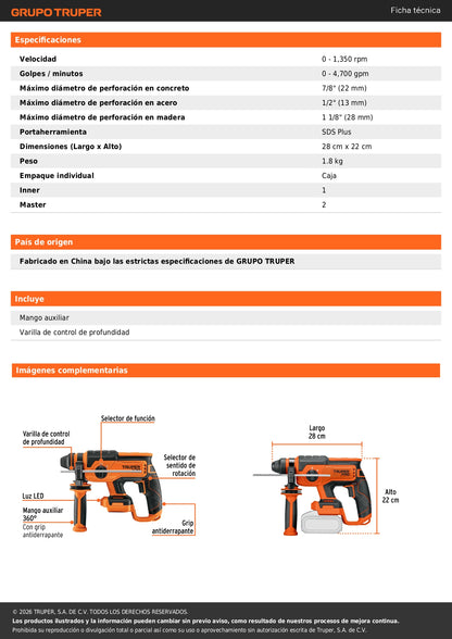 Rotomartillo SDS Plus/destornillador 20V, 2J, sin accesorios