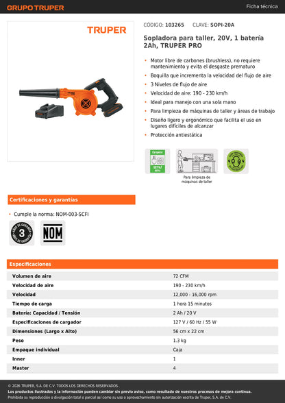 Sopladora para taller, 20V, 1 batería 2Ah, TRUPER PRO
