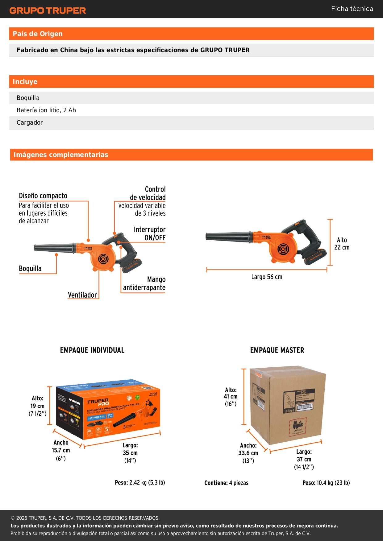 Sopladora para taller, 20V, 1 batería 2Ah, TRUPER PRO