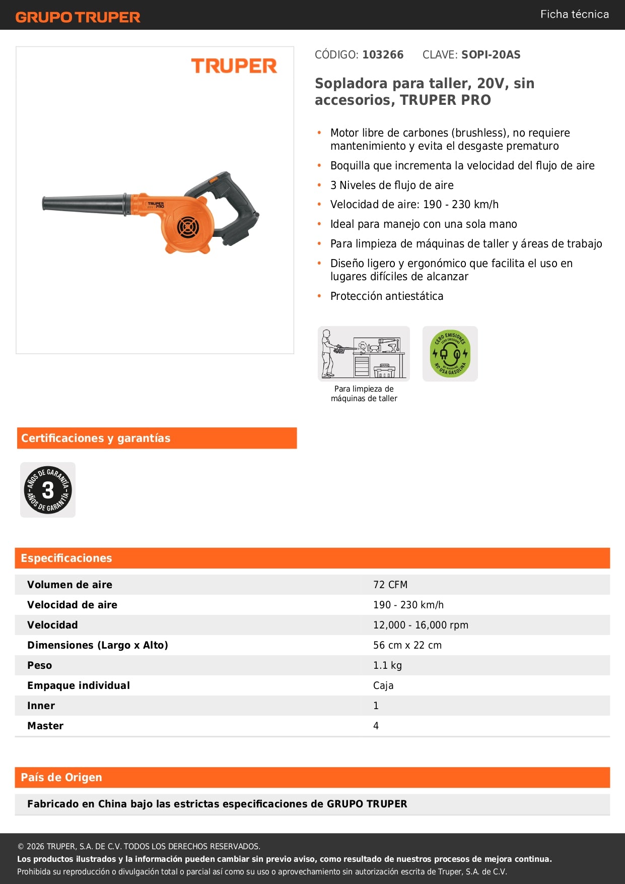 Sopladora para taller, 20V, sin accesorios, TRUPER PRO