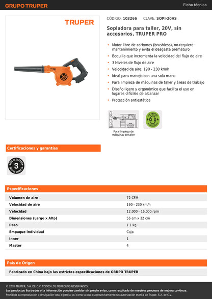 Sopladora para taller, 20V, sin accesorios, TRUPER PRO