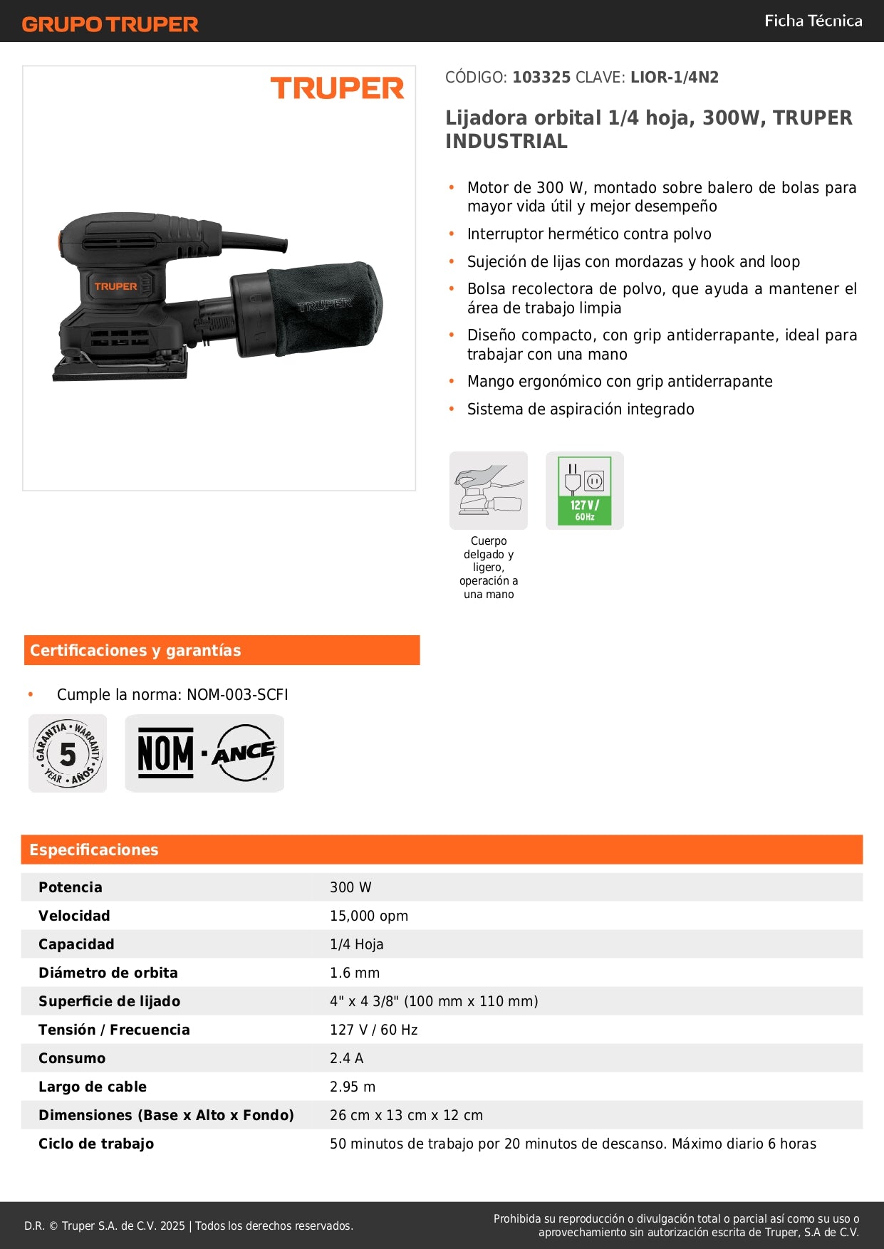 Lijadora Orbital 1/4 Hoja 300W TRUPER LIOR-1/4N2 - Solución Profesional para Lijado de Precisión con Sistema de Aspiración y Grip Antiderrapante - Elimina Imperfecciones en Madera y Superficies