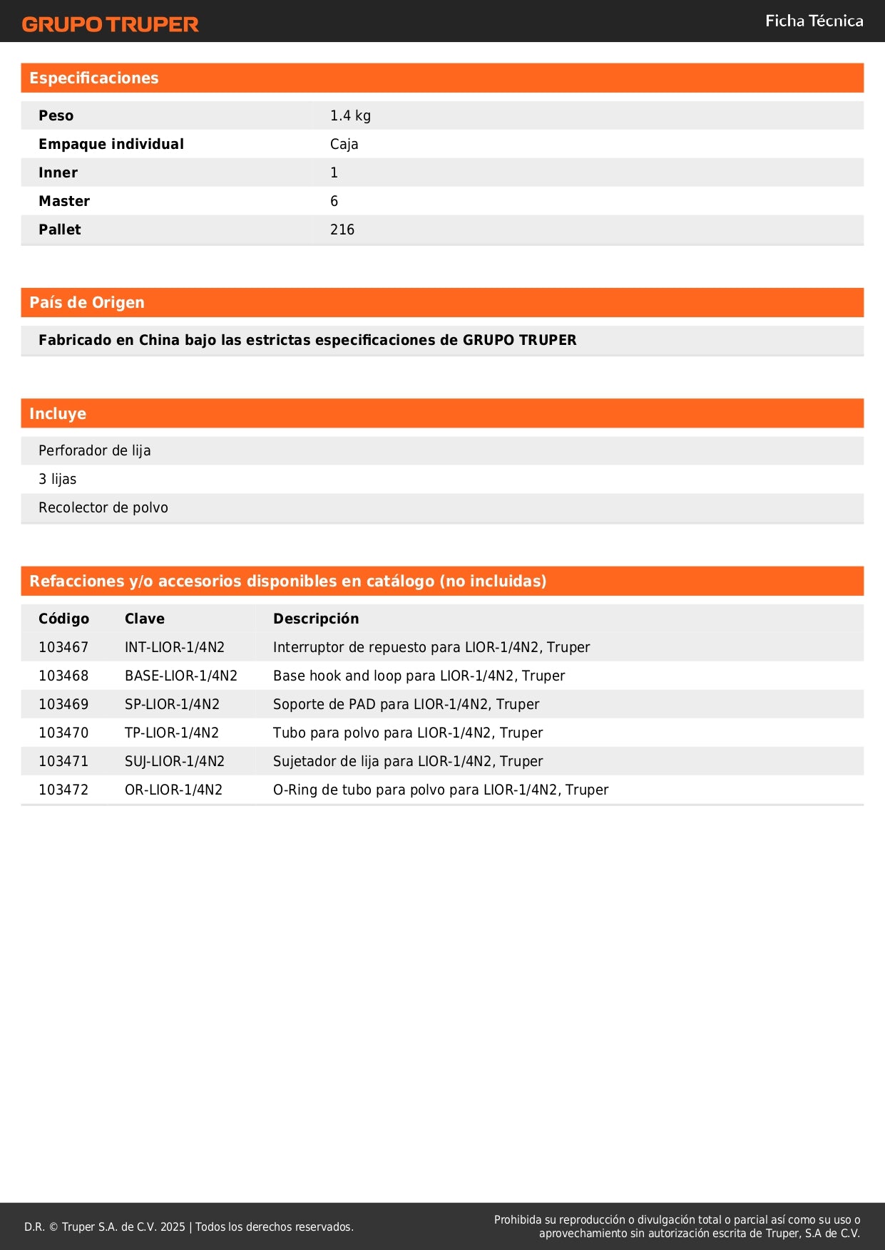 Lijadora Orbital 1/4 Hoja 300W TRUPER LIOR-1/4N2 - Solución Profesional para Lijado de Precisión con Sistema de Aspiración y Grip Antiderrapante - Elimina Imperfecciones en Madera y Superficies