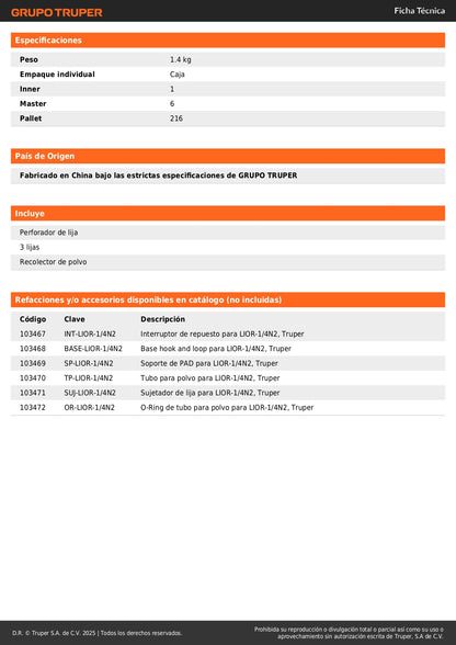 Lijadora Orbital 1/4 Hoja 300W TRUPER LIOR-1/4N2 - Solución Profesional para Lijado de Precisión con Sistema de Aspiración y Grip Antiderrapante - Elimina Imperfecciones en Madera y Superficies