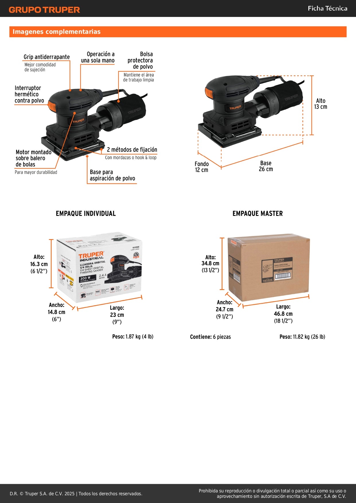 Lijadora Orbital 1/4 Hoja 300W TRUPER LIOR-1/4N2 - Solución Profesional para Lijado de Precisión con Sistema de Aspiración y Grip Antiderrapante - Elimina Imperfecciones en Madera y Superficies