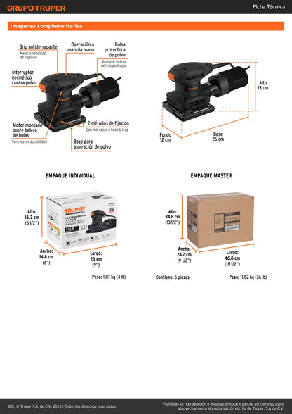 Lijadora Orbital 1/4 Hoja 300W TRUPER LIOR-1/4N2 - Solución Profesional para Lijado de Precisión con Sistema de Aspiración y Grip Antiderrapante - Elimina Imperfecciones en Madera y Superficies