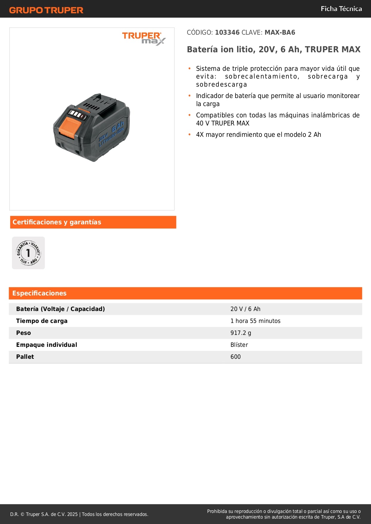 Batería Ion Litio TRUPER MAX 20V 6Ah - Solución Profesional Anti-Agotamiento para Herramientas Inalámbricas - Modelo MAX-BA6
