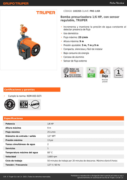 Bomba Presurizadora TRUPER 1/6 HP con Sensor Regulable - Solución Definitiva para Baja Presión de Agua Doméstica - 25 L/min - PRE-1/6R