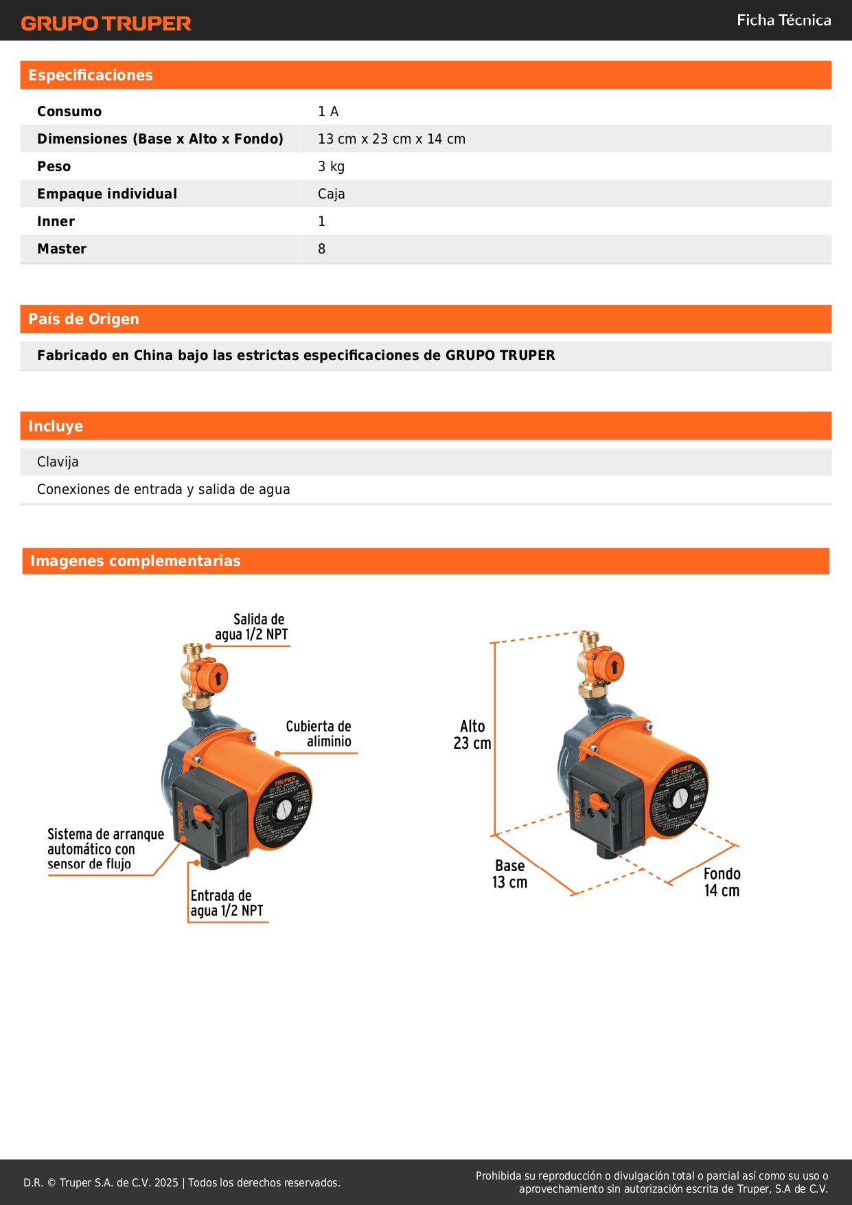 Bomba Presurizadora TRUPER 1/6 HP con Sensor Regulable - Solución Definitiva para Baja Presión de Agua Doméstica - 25 L/min - PRE-1/6R