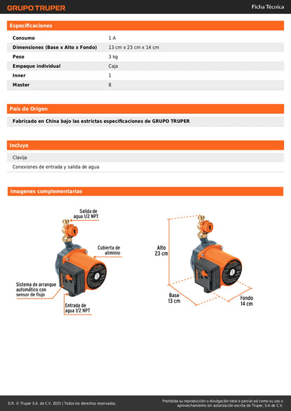 Bomba Presurizadora TRUPER 1/6 HP con Sensor Regulable - Solución Definitiva para Baja Presión de Agua Doméstica - 25 L/min - PRE-1/6R
