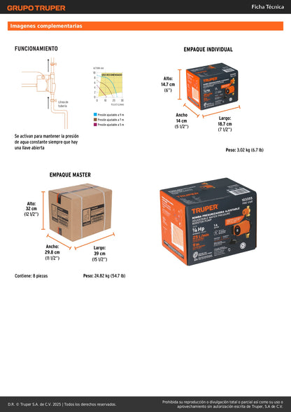 Bomba Presurizadora TRUPER 1/6 HP con Sensor Regulable - Solución Definitiva para Baja Presión de Agua Doméstica - 25 L/min - PRE-1/6R