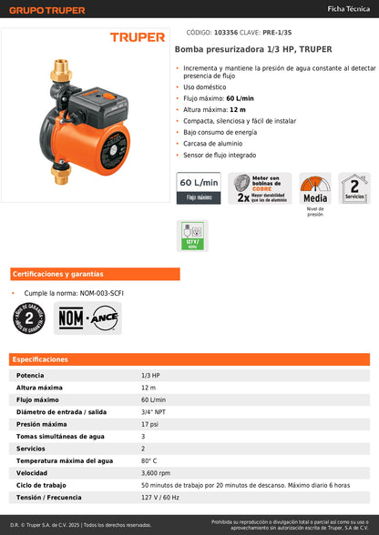 Bomba Presurizadora TRUPER 1/3 HP PRE-1/3S - Solución Definitiva para Baja Presión de Agua Doméstica