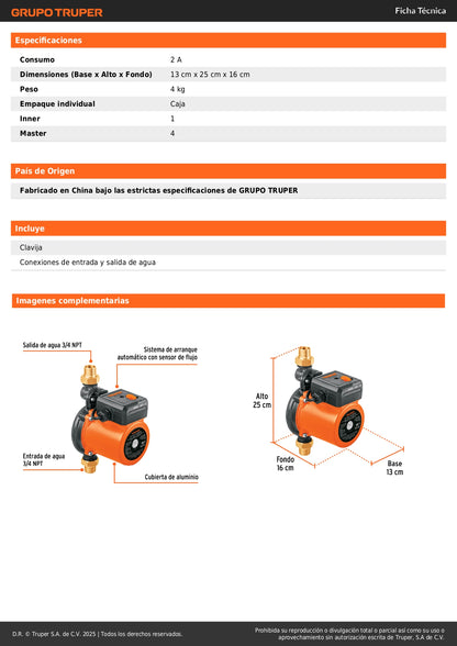 Bomba Presurizadora TRUPER 1/3 HP PRE-1/3S - Solución Definitiva para Baja Presión de Agua Doméstica