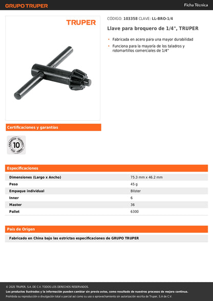 Llave para broquero de 1/4", TRUPER