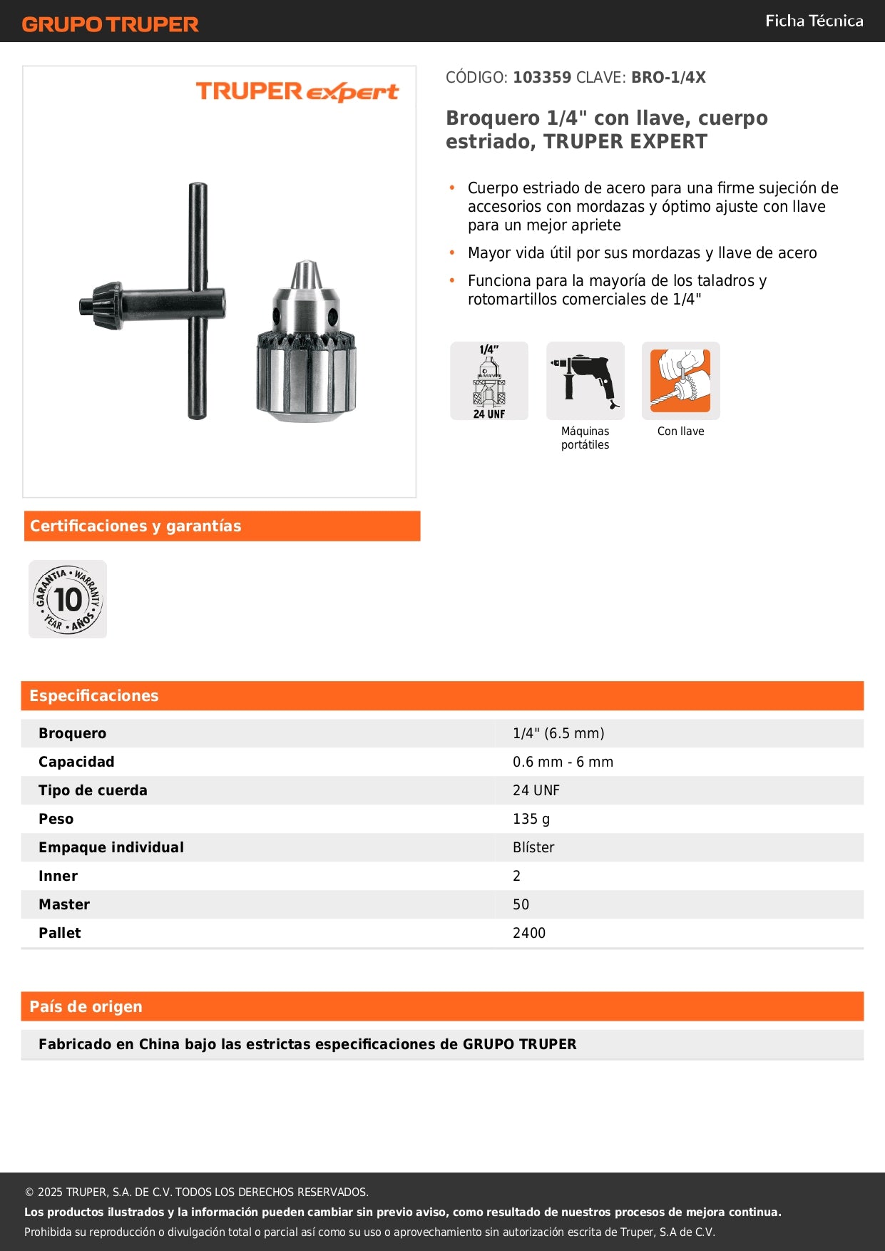 Broquero 1/4" con llave, cuerpo estriado, TRUPER EXPERT
