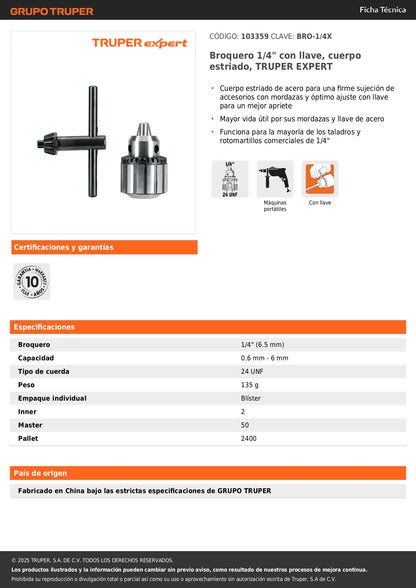 Broquero 1/4" con llave, cuerpo estriado, TRUPER EXPERT