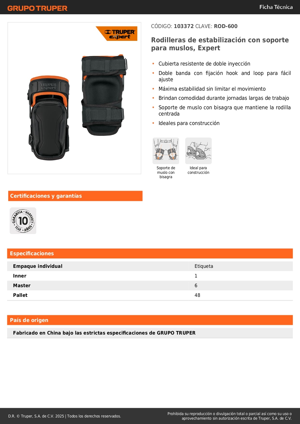 Rodilleras de Estabilización Profesional ROD-600 con Soporte de Muslo - Protección Ergonómica para Construcción y Trabajo Pesado - Expert