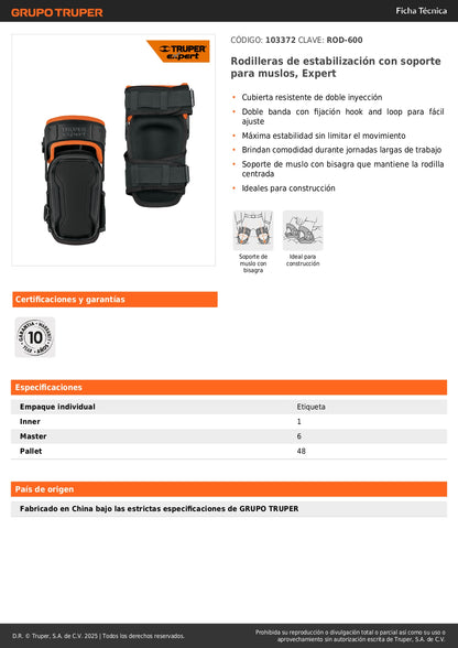 Rodilleras de Estabilización Profesional ROD-600 con Soporte de Muslo - Protección Ergonómica para Construcción y Trabajo Pesado - Expert