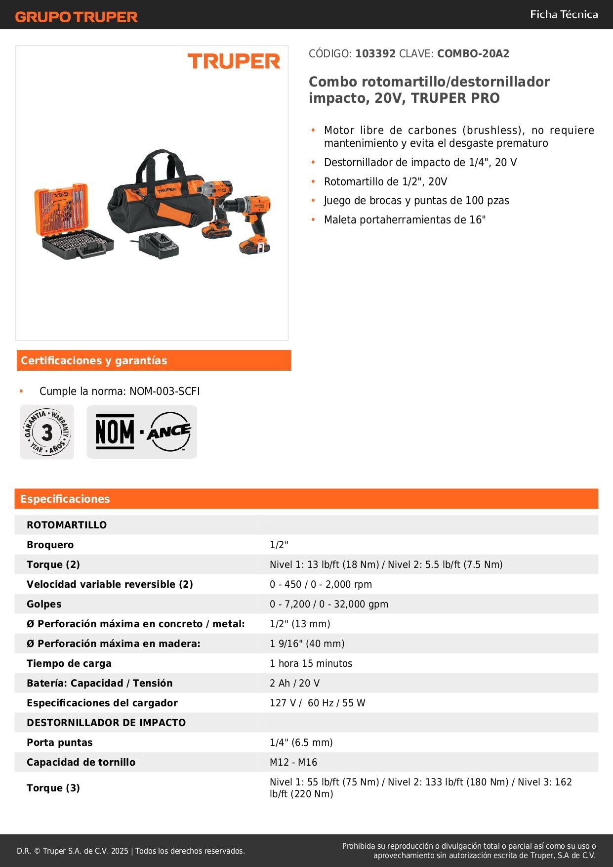 Combo Rotomartillo Destornillador Impacto 20V TRUPER PRO Brushless + 100 Accesorios