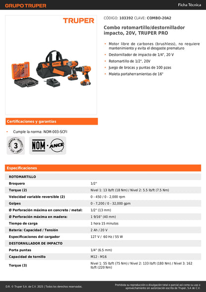 Combo Rotomartillo Destornillador Impacto 20V TRUPER PRO Brushless + 100 Accesorios