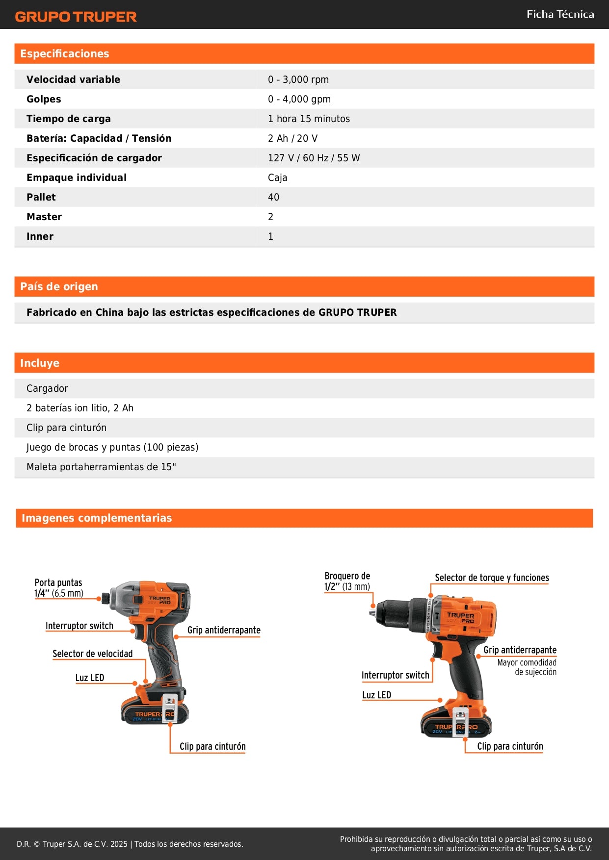 Combo Rotomartillo Destornillador Impacto 20V TRUPER PRO Brushless + 100 Accesorios
