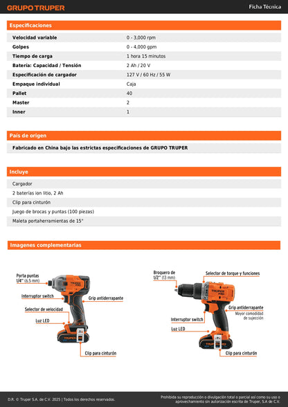 Combo Rotomartillo Destornillador Impacto 20V TRUPER PRO Brushless + 100 Accesorios