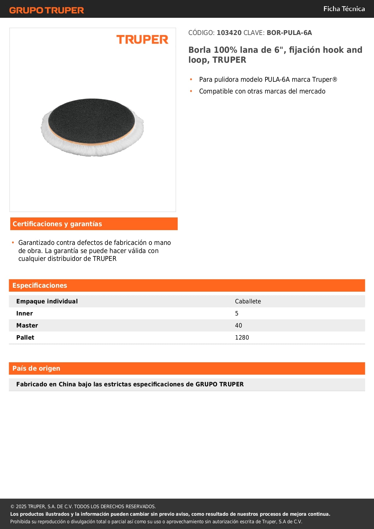 Borla 100% lana de 6", fijación hook and loop, TRUPER