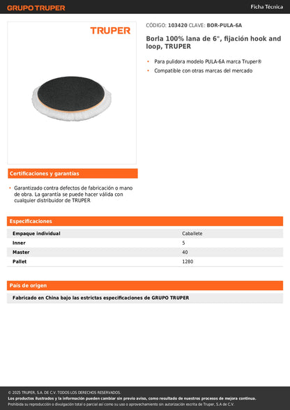 Borla 100% lana de 6", fijación hook and loop, TRUPER