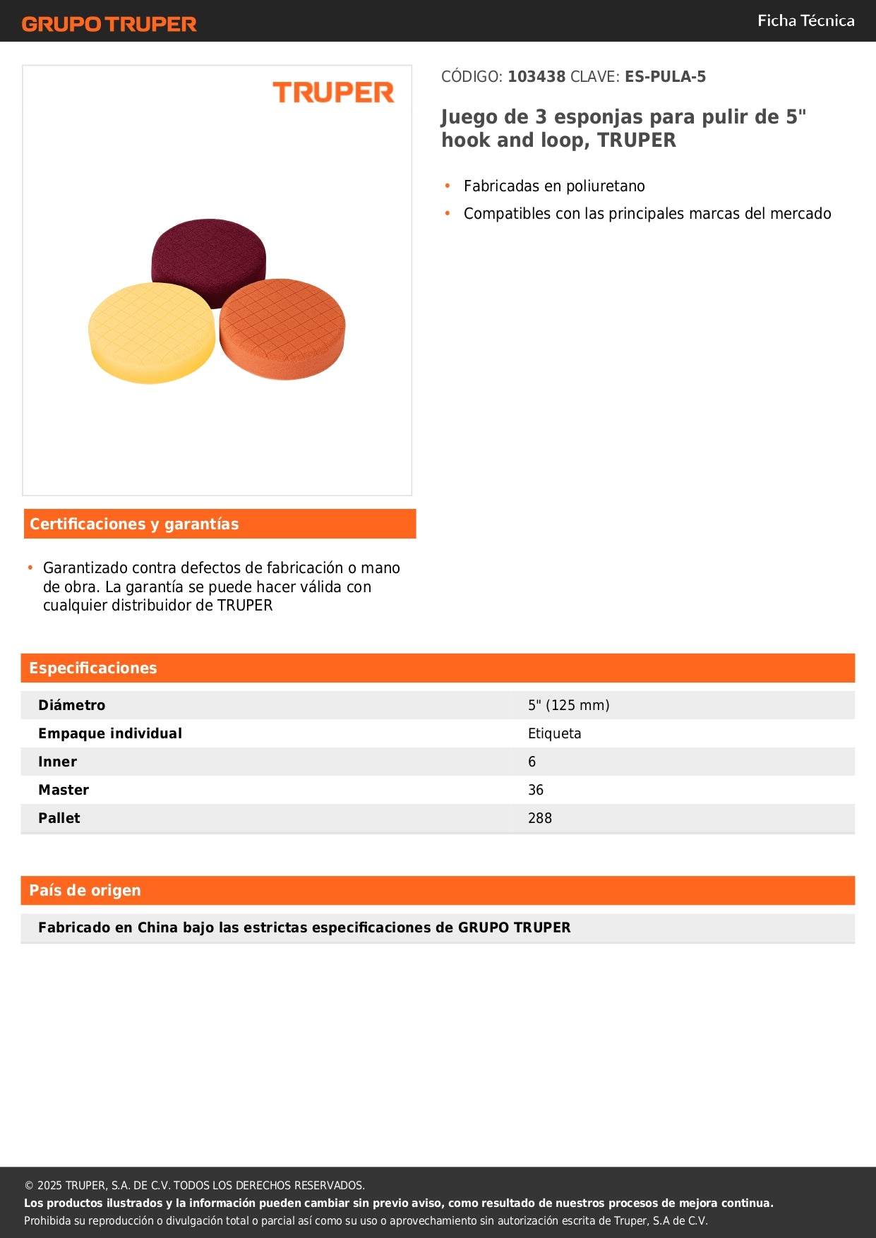 Juego de 3 esponjas para pulir de 5" hook and loop, TRUPER
