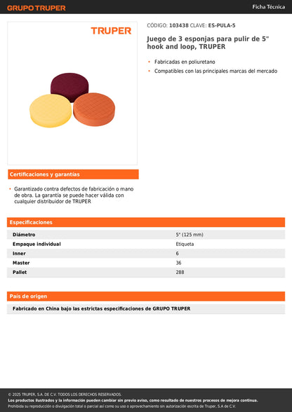Juego de 3 esponjas para pulir de 5" hook and loop, TRUPER