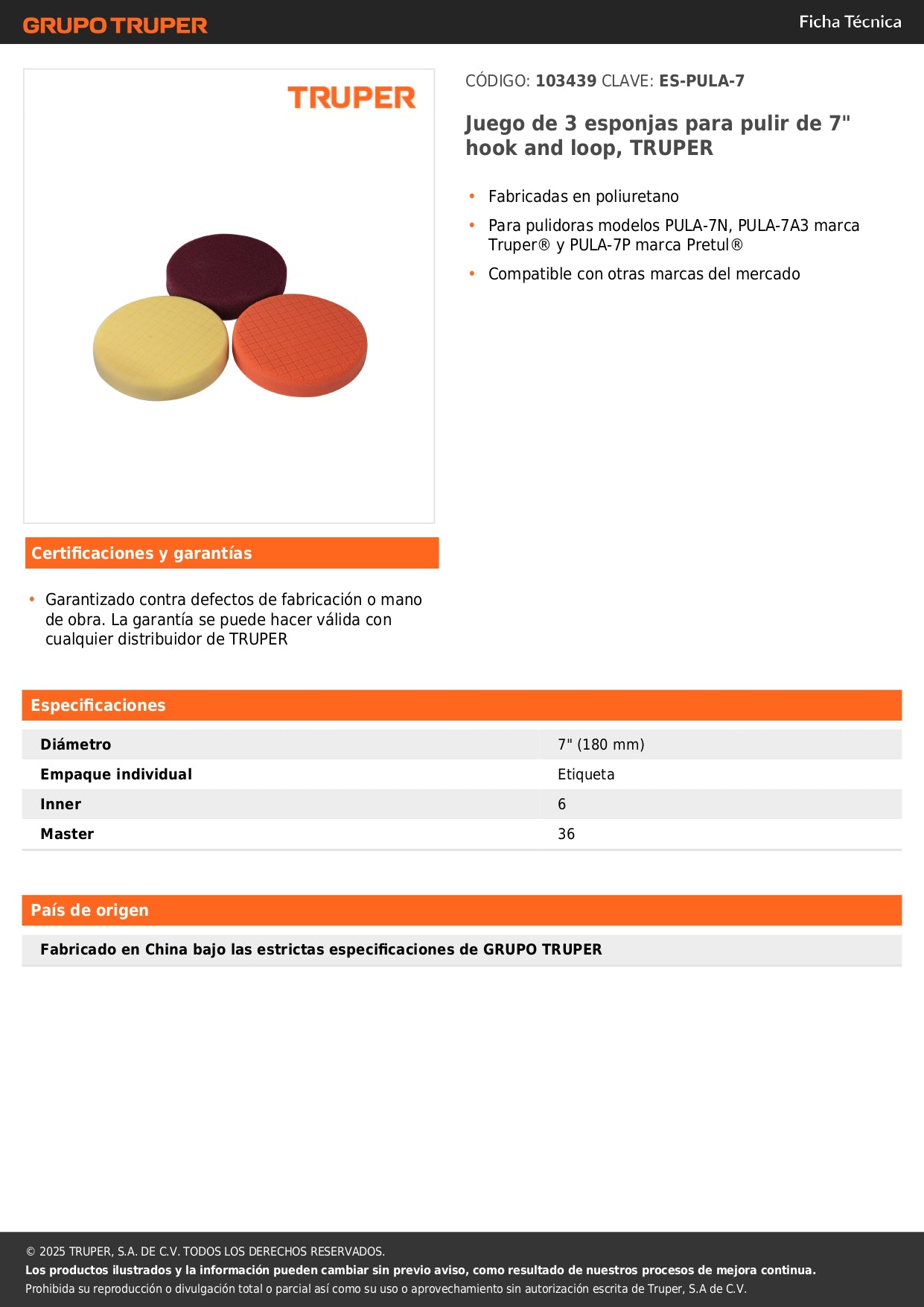 Juego de 3 esponjas para pulir de 7" hook and loop, TRUPER