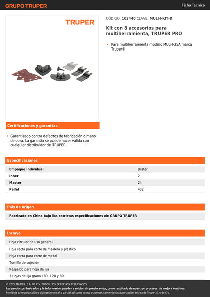 Kit con 8 accesorios para multiherramienta, TRUPER PRO