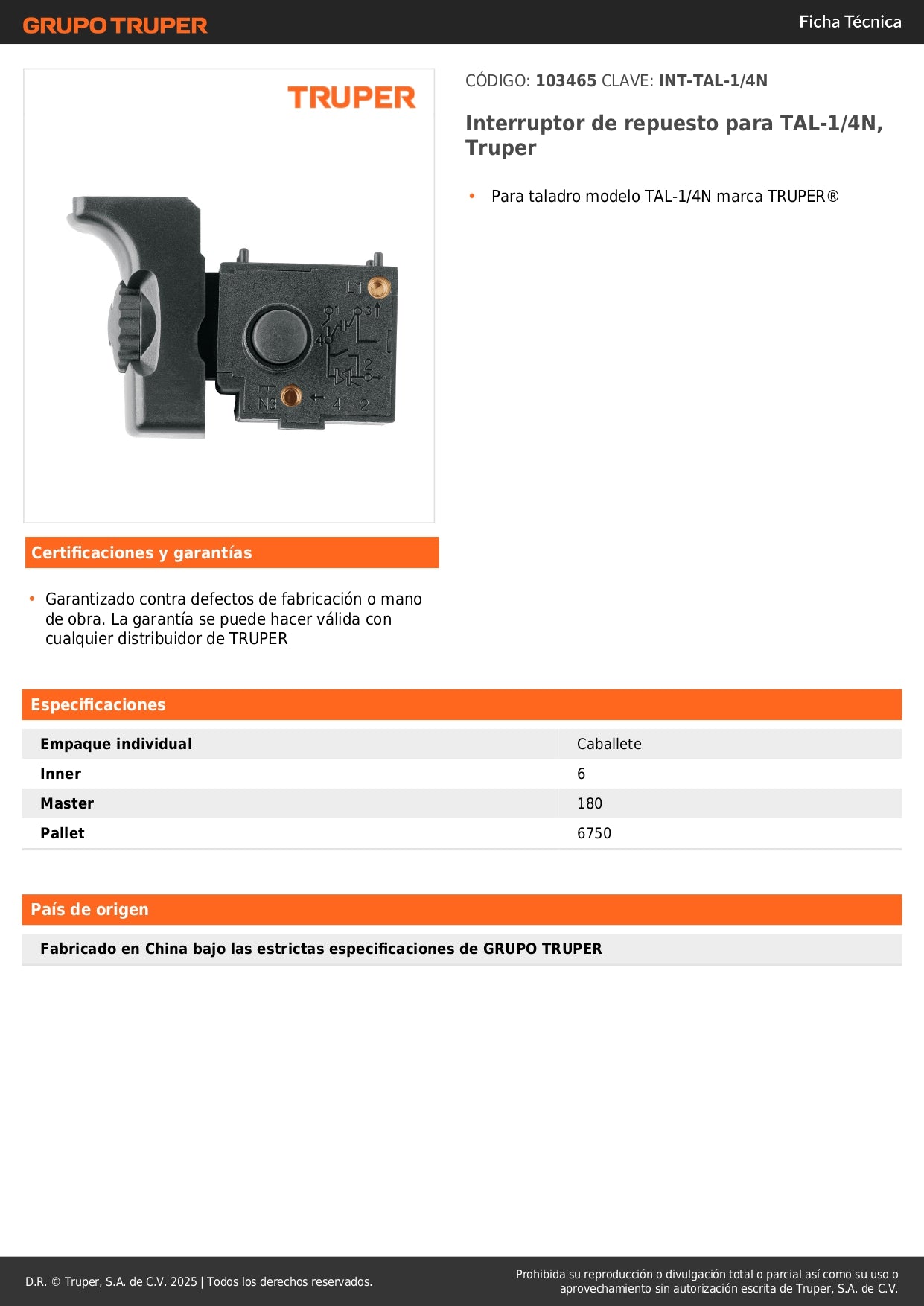Interruptor de repuesto para TAL-1/4N, Truper