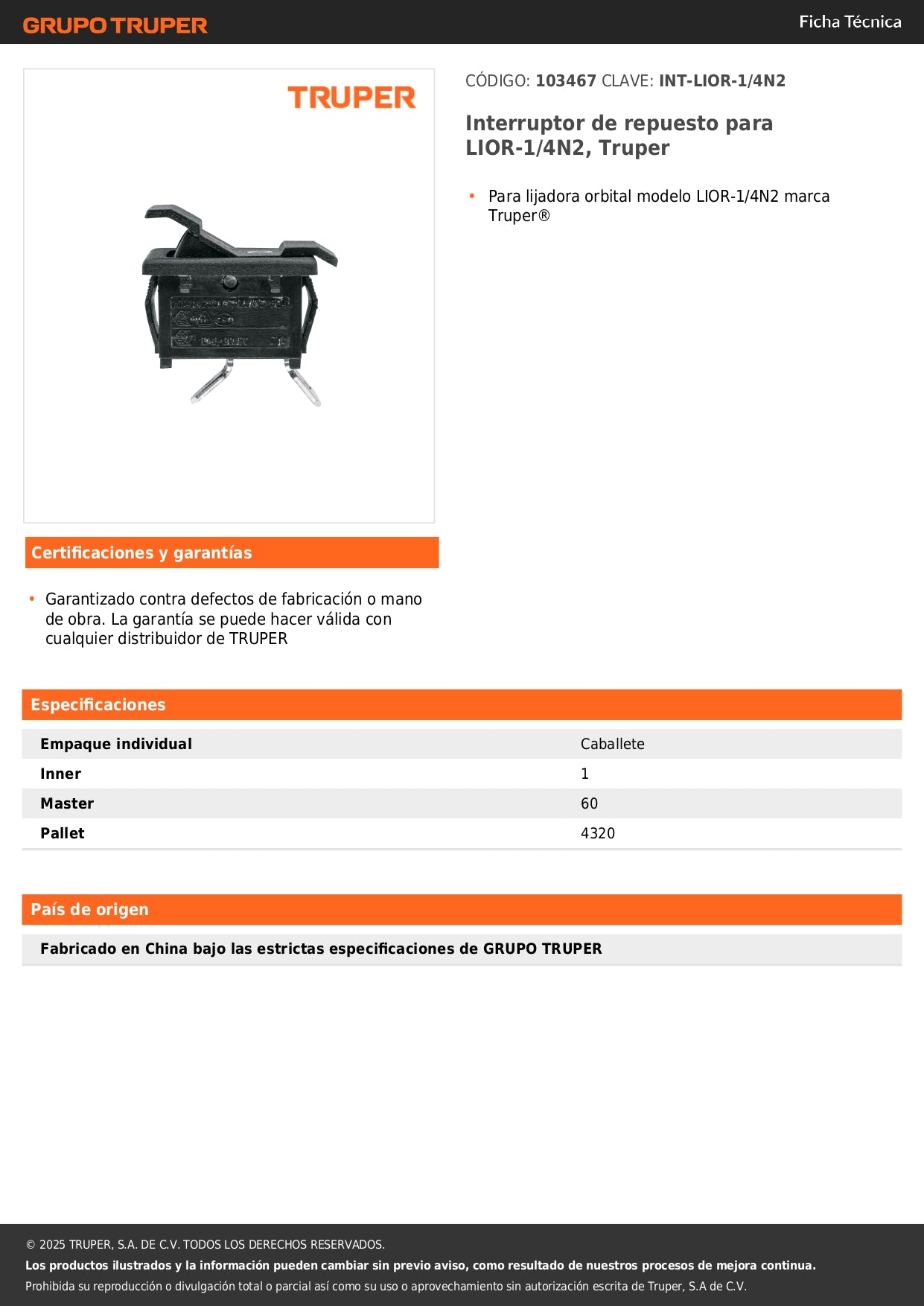 Interruptor de repuesto para LIOR-1/4N2, Truper