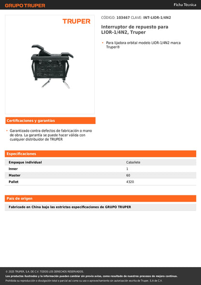 Interruptor de repuesto para LIOR-1/4N2, Truper