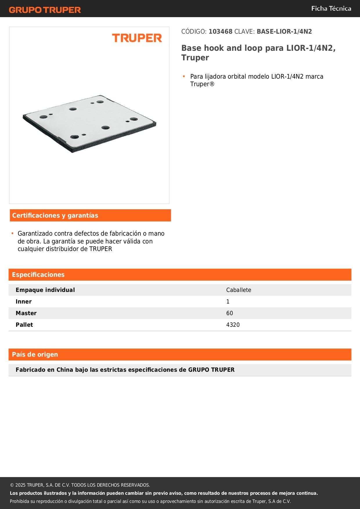 Base hook and loop para LIOR-1/4N2, Truper
