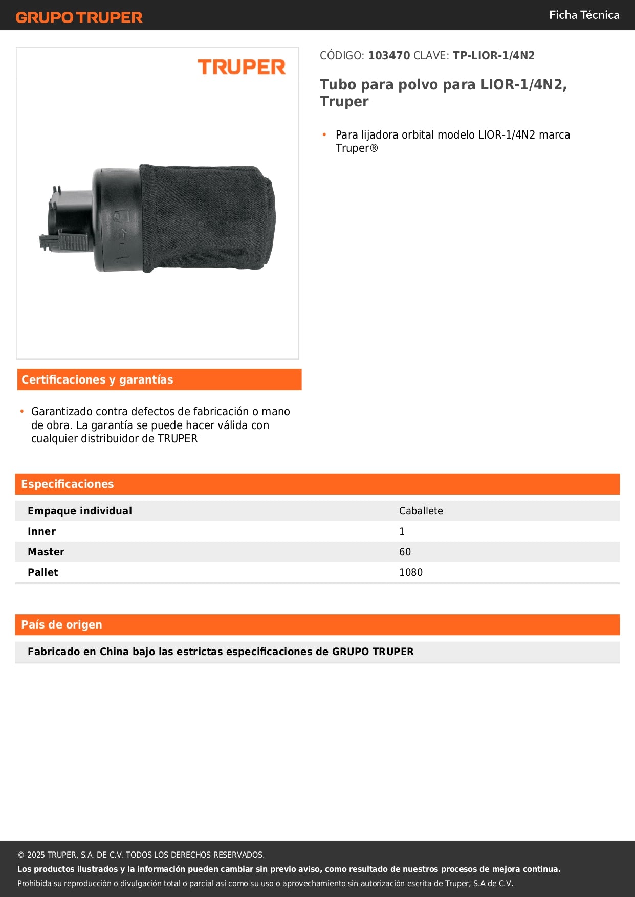 Tubo para polvo para LIOR-1/4N2, Truper