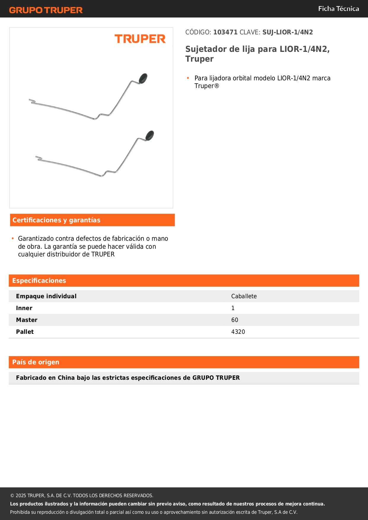 Sujetador de lija para LIOR-1/4N2, Truper