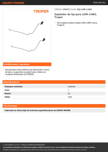 Sujetador de lija para LIOR-1/4N2, Truper