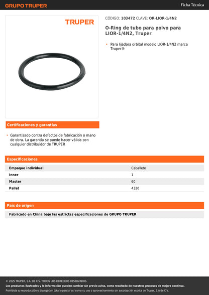 O-Ring de tubo para polvo para LIOR-1/4N2, Truper