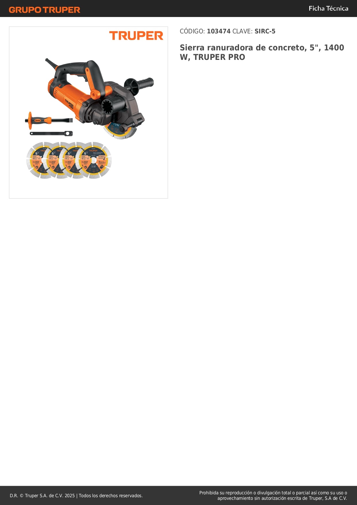 Sierra Ranuradora de Concreto 5 Pulgadas 1400W TRUPER PRO SIRC-5 - Corte Preciso de Ranuras en Concreto y Mampostería para Instalación de Cables y Tuberías