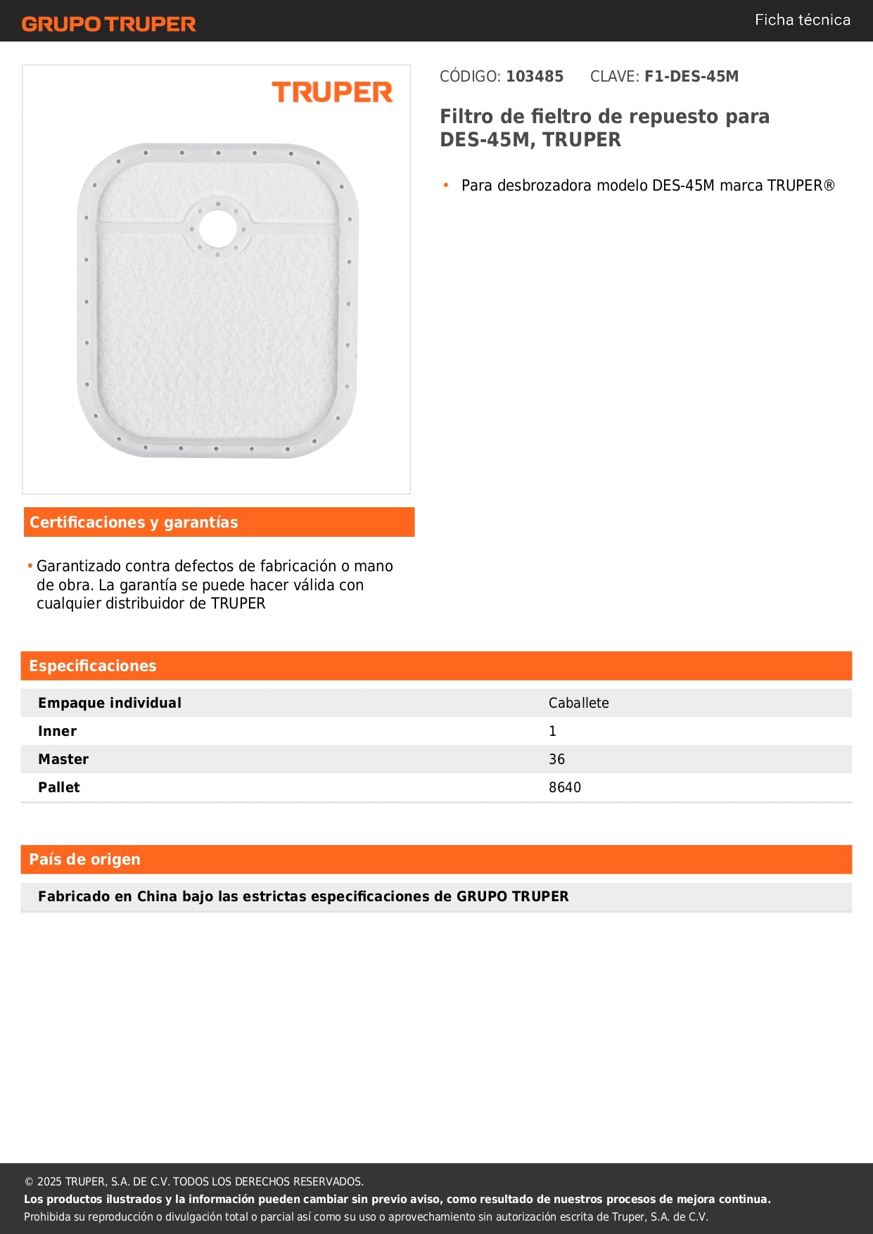 Filtro de fieltro de repuesto para DES-45M, TRUPER