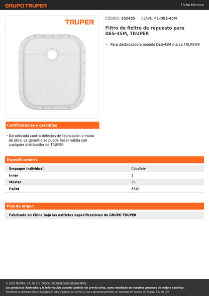 Filtro de fieltro de repuesto para DES-45M, TRUPER